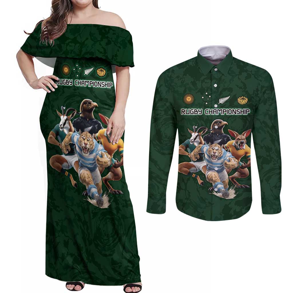 Custom Rugby Southern Hemisphere Couples Matching Off Shoulder Maxi Dress and Long Sleeve Button Shirt Argentina AUNZ South Africa Mascot Green - Polynesian Pride