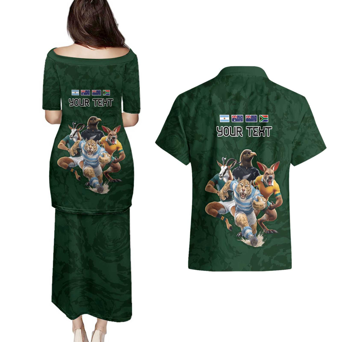 Custom Rugby Southern Hemisphere Couples Matching Puletasi and Hawaiian Shirt Argentina AUNZ South Africa Mascot Green - Polynesian Pride