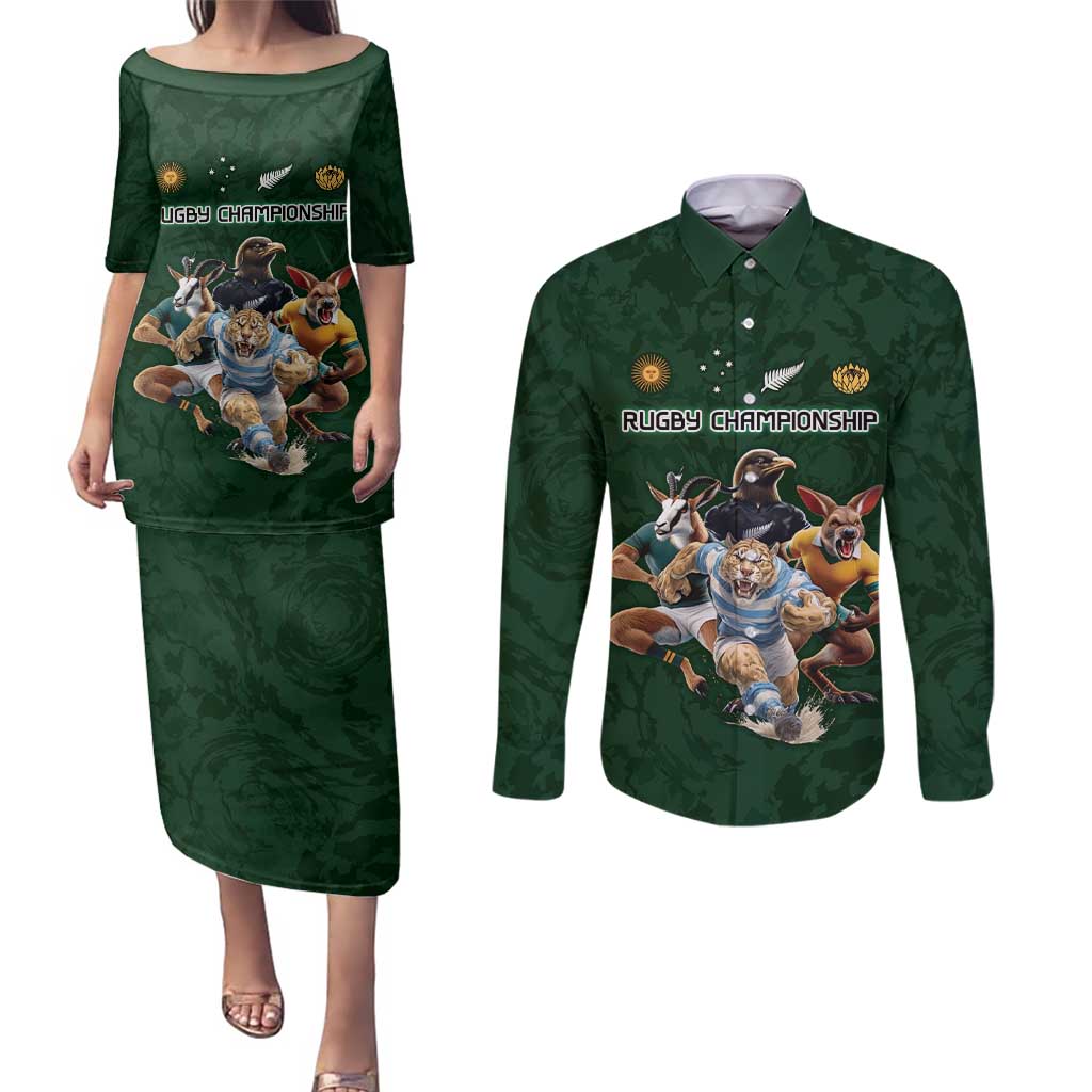 Custom Rugby Southern Hemisphere Couples Matching Puletasi and Long Sleeve Button Shirt Argentina AUNZ South Africa Mascot Green LT9 Green - Polynesian Pride