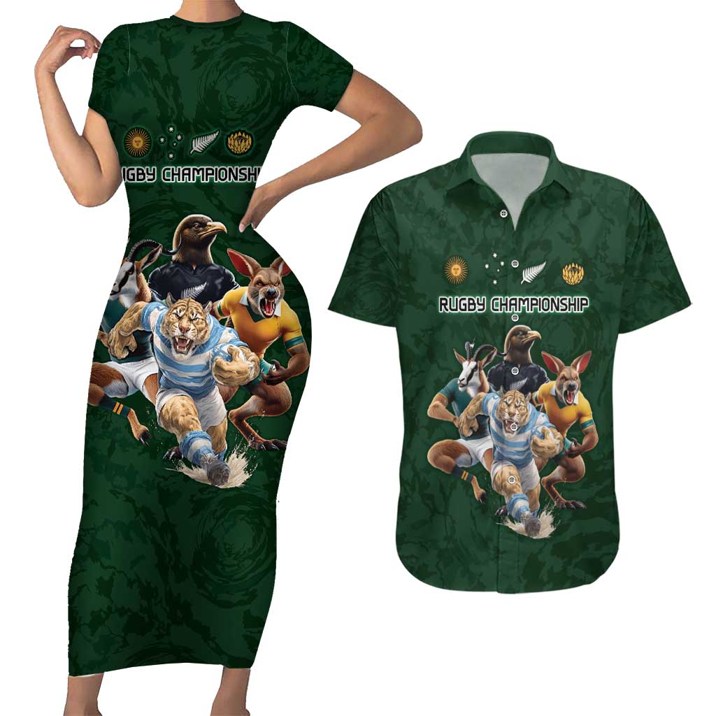 Custom Rugby Southern Hemisphere Couples Matching Short Sleeve Bodycon Dress and Hawaiian Shirt Argentina AUNZ South Africa Mascot Green LT9 Green - Polynesian Pride
