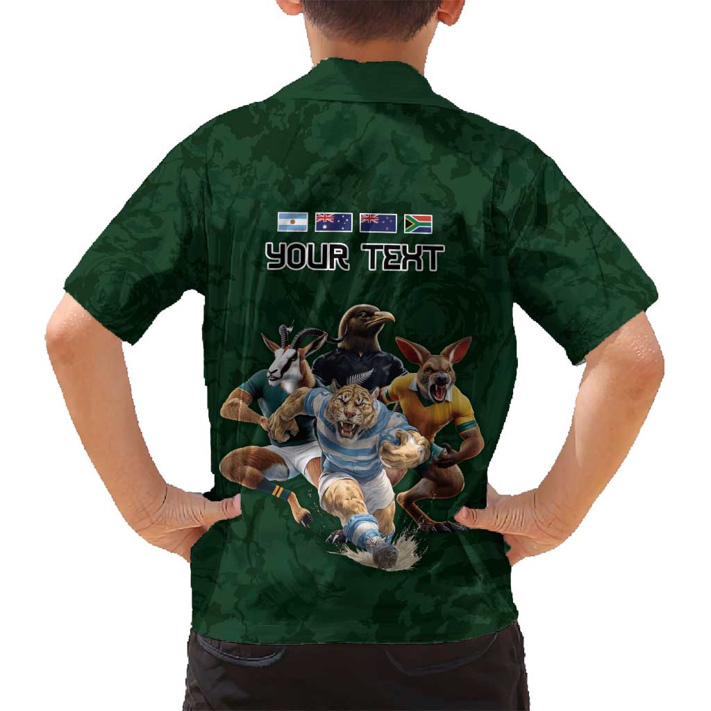 Custom Rugby Southern Hemisphere Family Matching Long Sleeve Bodycon Dress and Hawaiian Shirt Argentina AUNZ South Africa Mascot Green - Polynesian Pride