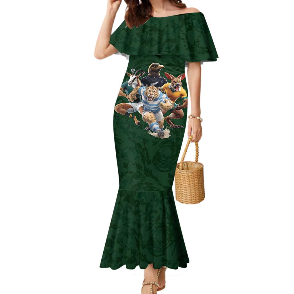 Custom Rugby Southern Hemisphere Family Matching Mermaid Dress and Hawaiian Shirt Argentina AUNZ South Africa Mascot Green - Polynesian Pride
