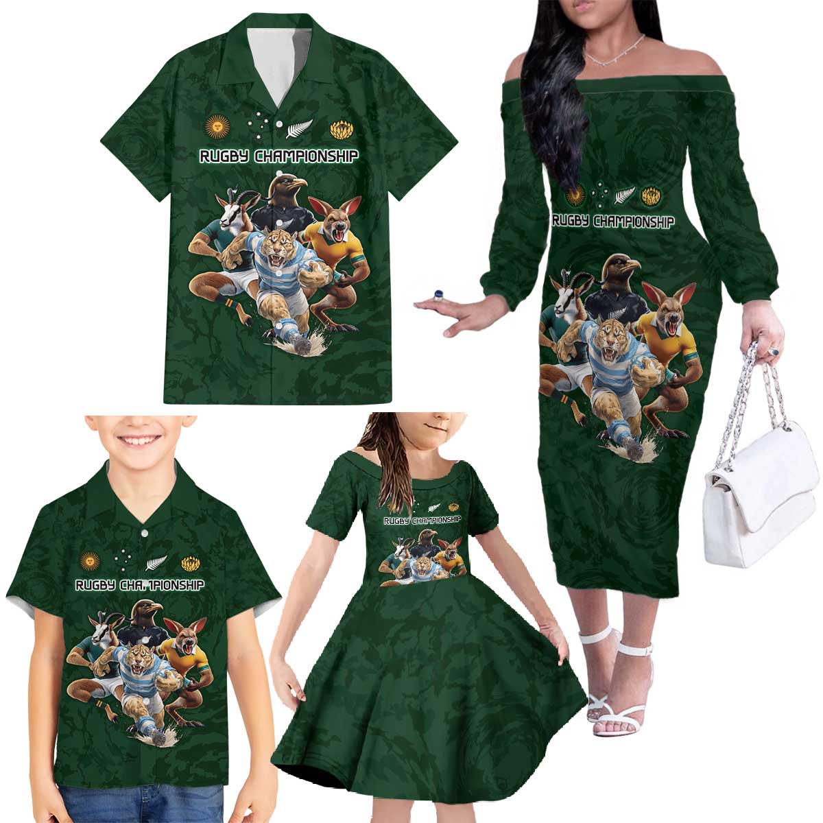 Custom Rugby Southern Hemisphere Family Matching Off The Shoulder Long Sleeve Dress and Hawaiian Shirt Argentina AUNZ South Africa Mascot Green LT9 - Polynesian Pride