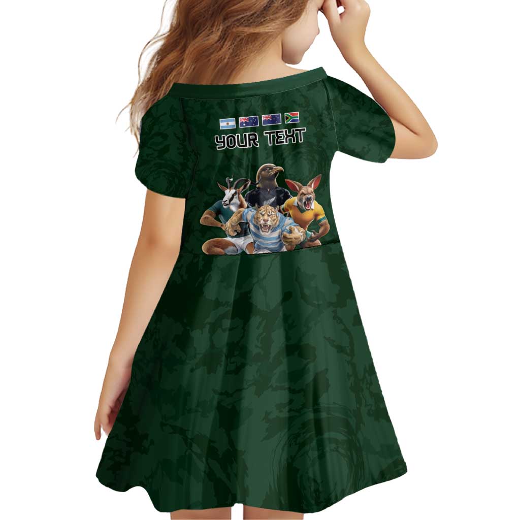 Custom Rugby Southern Hemisphere Family Matching Off Shoulder Short Dress and Hawaiian Shirt Argentina AUNZ South Africa Mascot Green - Polynesian Pride