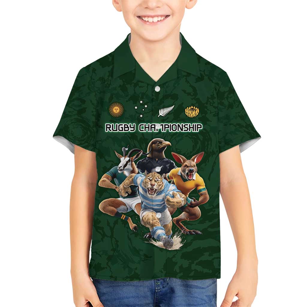 Custom Rugby Southern Hemisphere Family Matching Off Shoulder Short Dress and Hawaiian Shirt Argentina AUNZ South Africa Mascot Green - Polynesian Pride