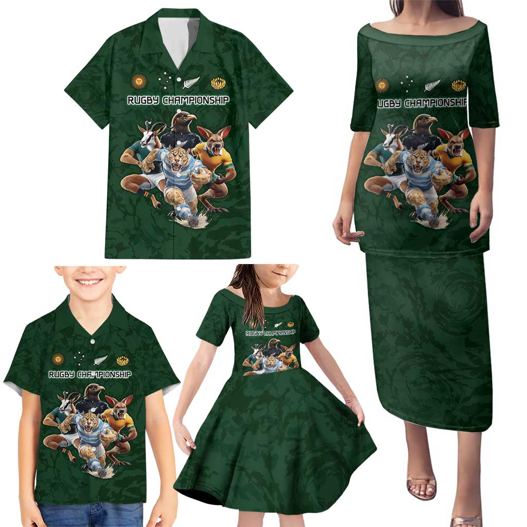 Custom Rugby Southern Hemisphere Family Matching Puletasi and Hawaiian Shirt Argentina AUNZ South Africa Mascot Green LT9 - Polynesian Pride