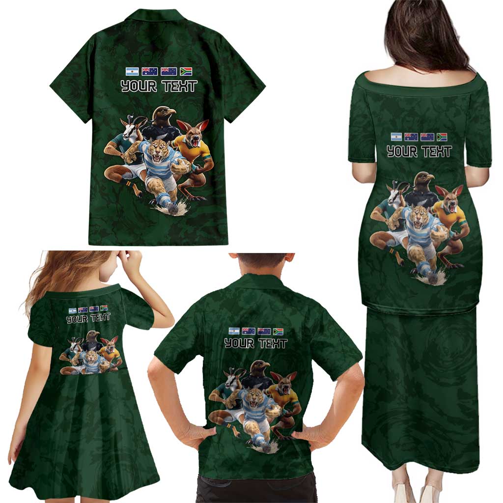 Custom Rugby Southern Hemisphere Family Matching Puletasi and Hawaiian Shirt Argentina AUNZ South Africa Mascot Green - Polynesian Pride
