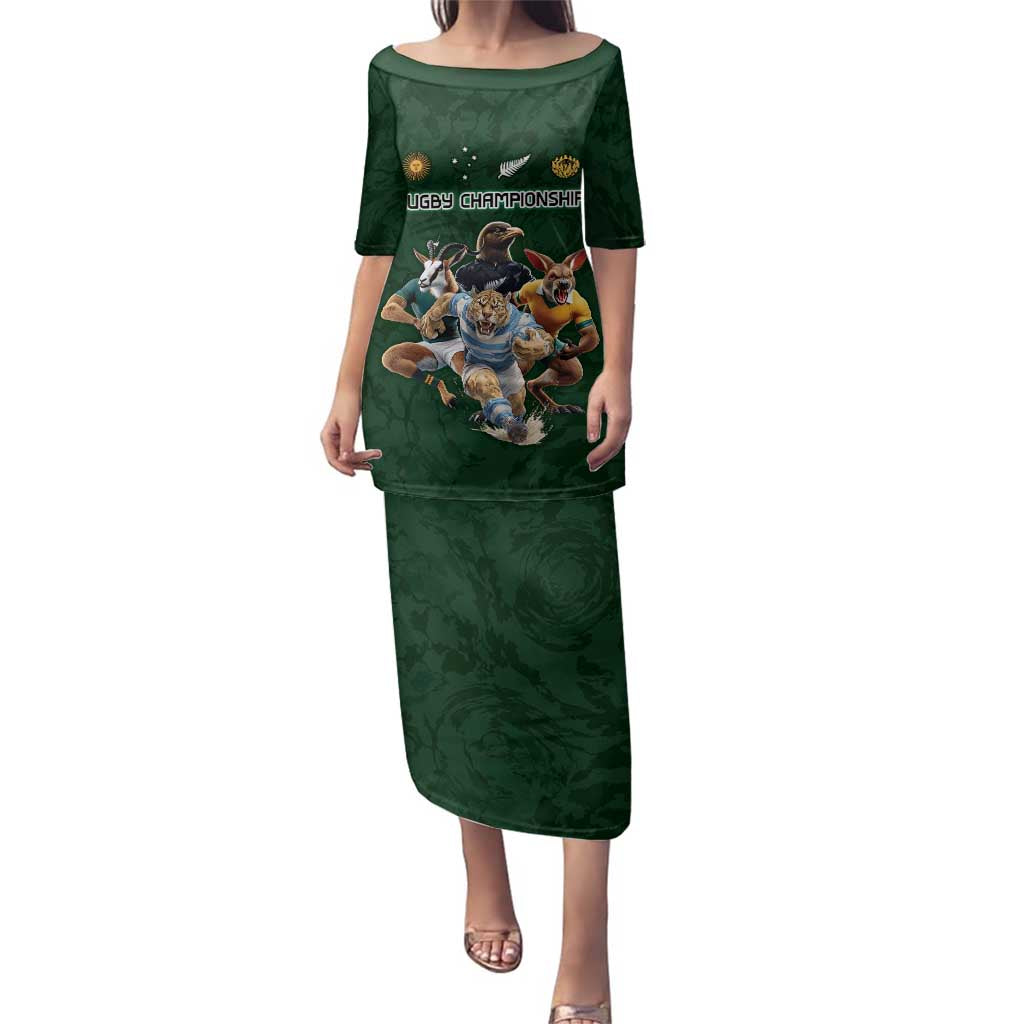 Custom Rugby Southern Hemisphere Family Matching Puletasi and Hawaiian Shirt Argentina AUNZ South Africa Mascot Green - Polynesian Pride