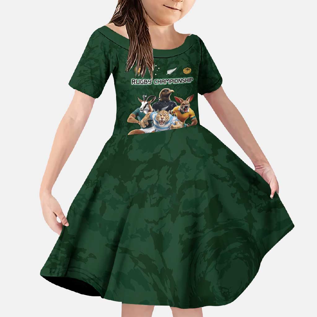 Custom Rugby Southern Hemisphere Family Matching Short Sleeve Bodycon Dress and Hawaiian Shirt Argentina AUNZ South Africa Mascot Green - Polynesian Pride