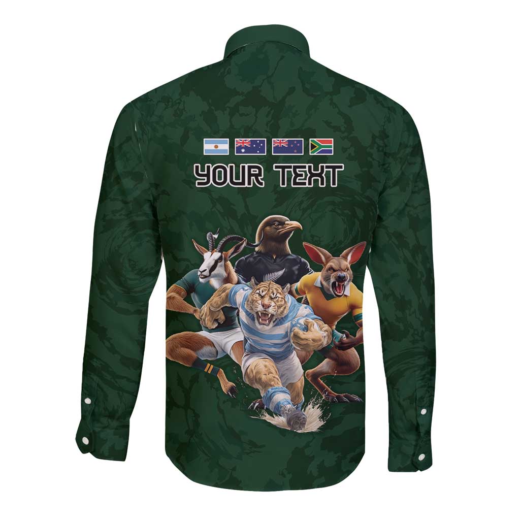 Custom Rugby Southern Hemisphere Long Sleeve Button Shirt Argentina AUNZ South Africa Mascot Green LT9 - Polynesian Pride