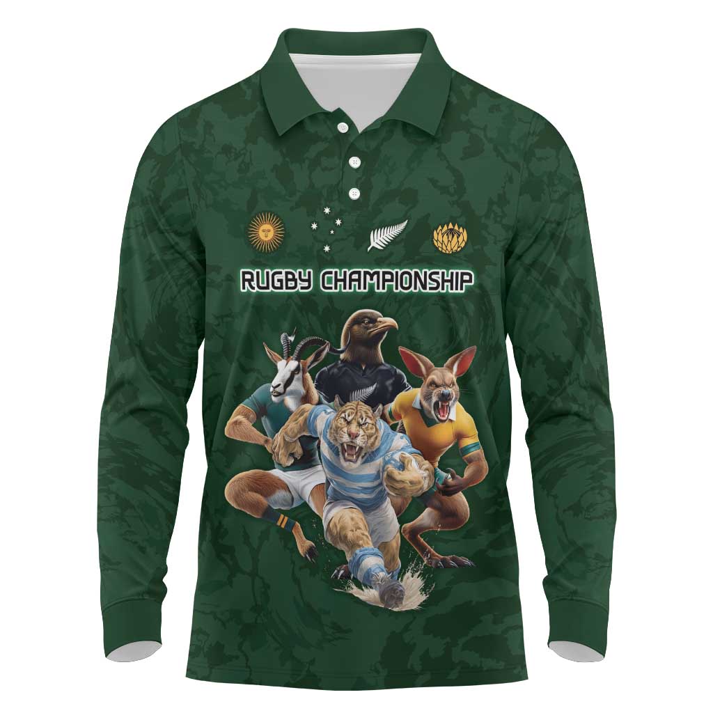 Custom Rugby Southern Hemisphere Long Sleeve Polo Shirt Argentina AUNZ South Africa Mascot Green - Polynesian Pride