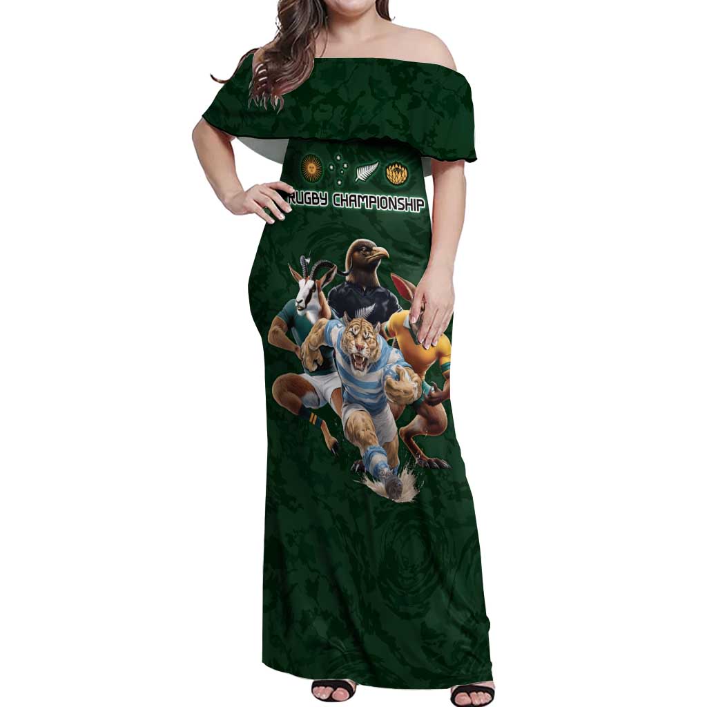 Custom Rugby Southern Hemisphere Off Shoulder Maxi Dress Argentina AUNZ South Africa Mascot Green - Polynesian Pride