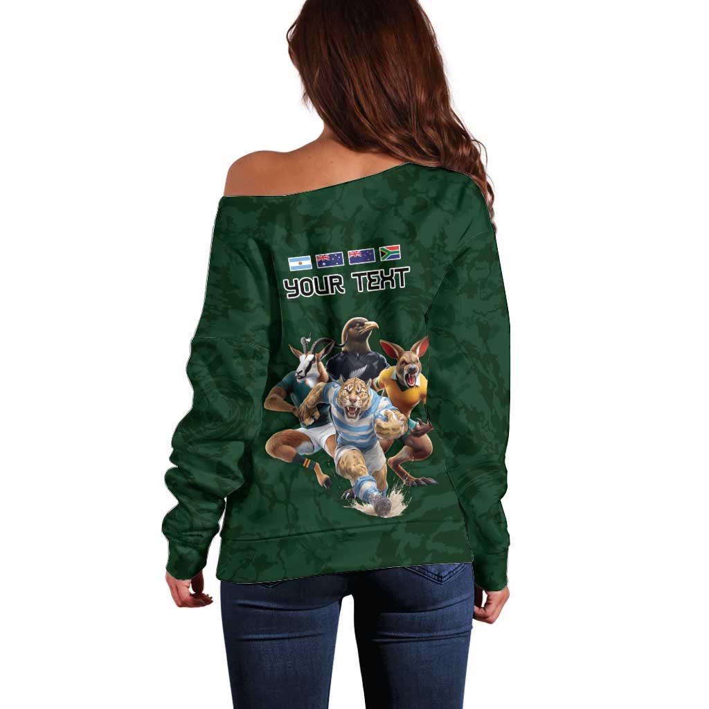 Custom Rugby Southern Hemisphere Off Shoulder Sweater Argentina AUNZ South Africa Mascot Green - Polynesian Pride