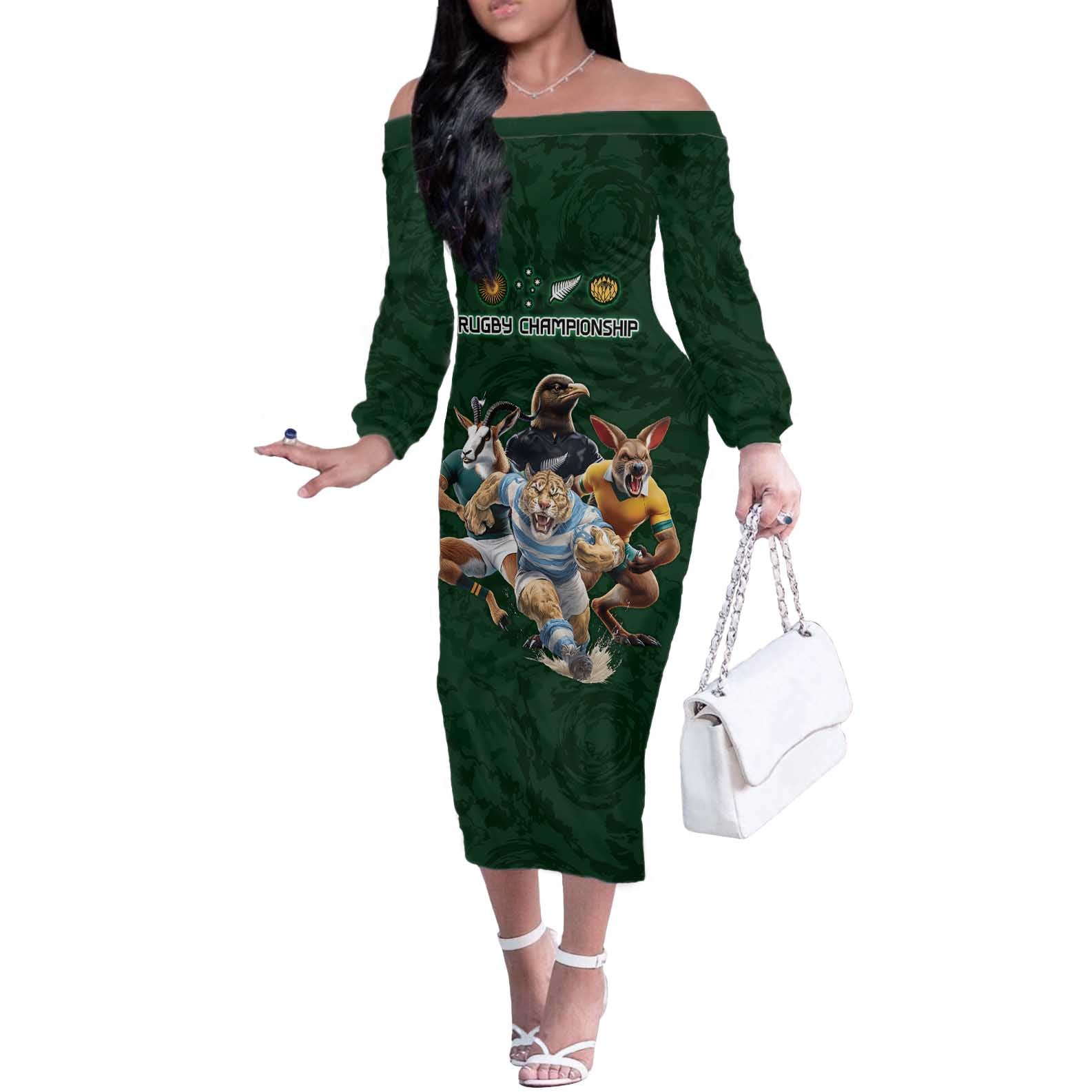 Custom Rugby Southern Hemisphere Off The Shoulder Long Sleeve Dress Argentina AUNZ South Africa Mascot Green - Polynesian Pride