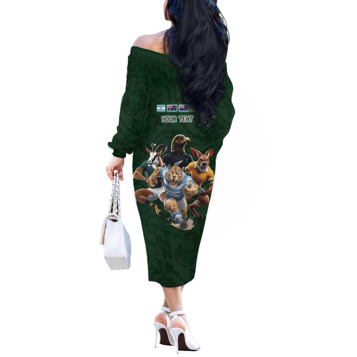 Custom Rugby Southern Hemisphere Off The Shoulder Long Sleeve Dress Argentina AUNZ South Africa Mascot Green - Polynesian Pride