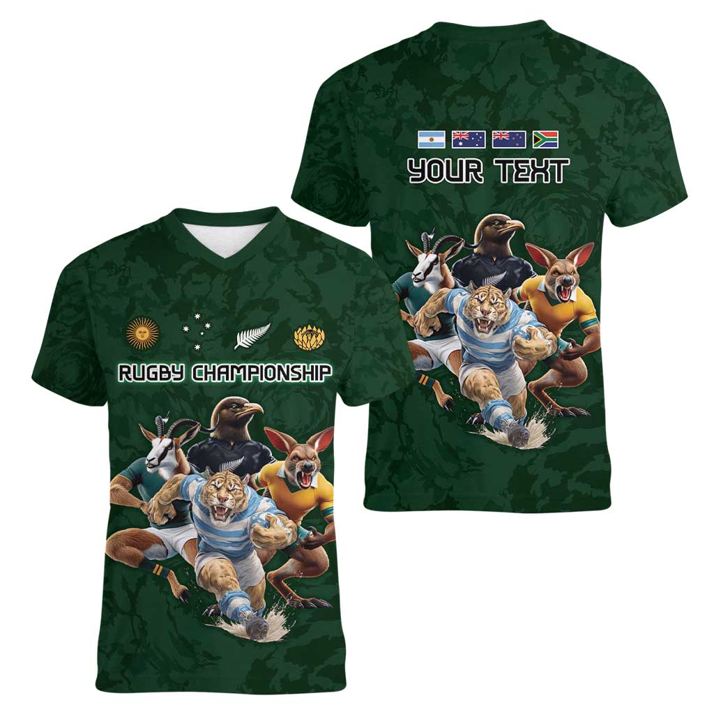 Custom Rugby Southern Hemisphere Women V-Neck T-Shirt Argentina AUNZ South Africa Mascot Green - Polynesian Pride