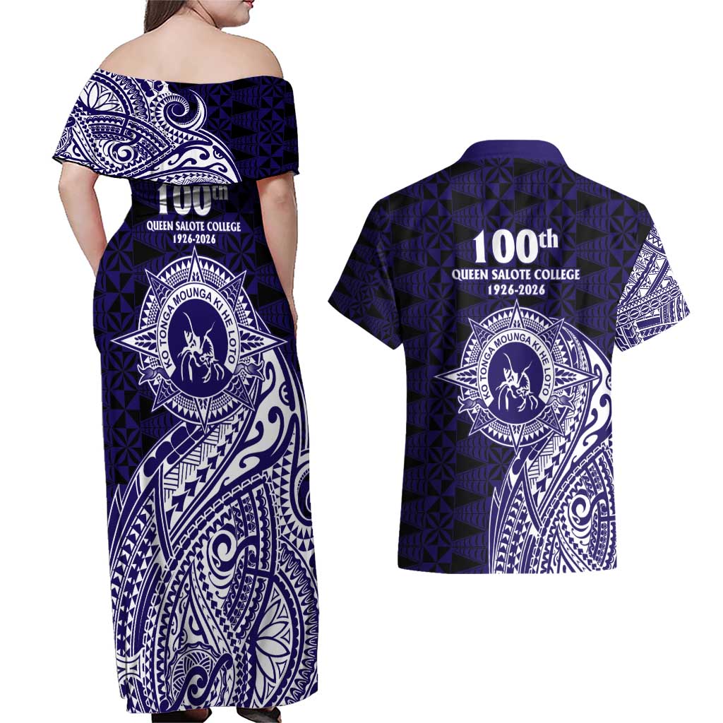 Tonga Queen Salote College 100th Years Couples Matching Off Shoulder Maxi Dress and Hawaiian Shirt Est 1926 Tongan Ngatu Tapa - Polynesian Pride