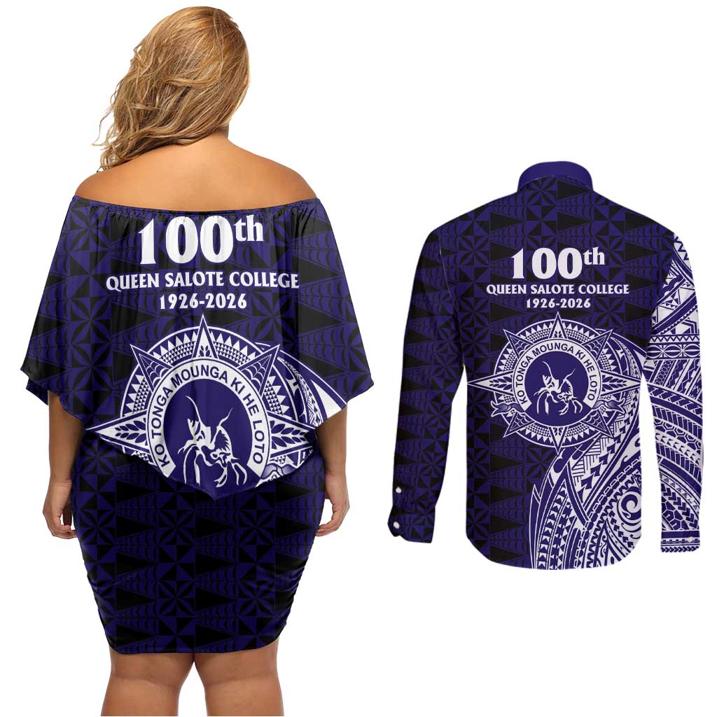 Tonga Queen Salote College 100th Years Couples Matching Off Shoulder Short Dress and Long Sleeve Button Shirt Est 1926 Tongan Ngatu Tapa - Polynesian Pride