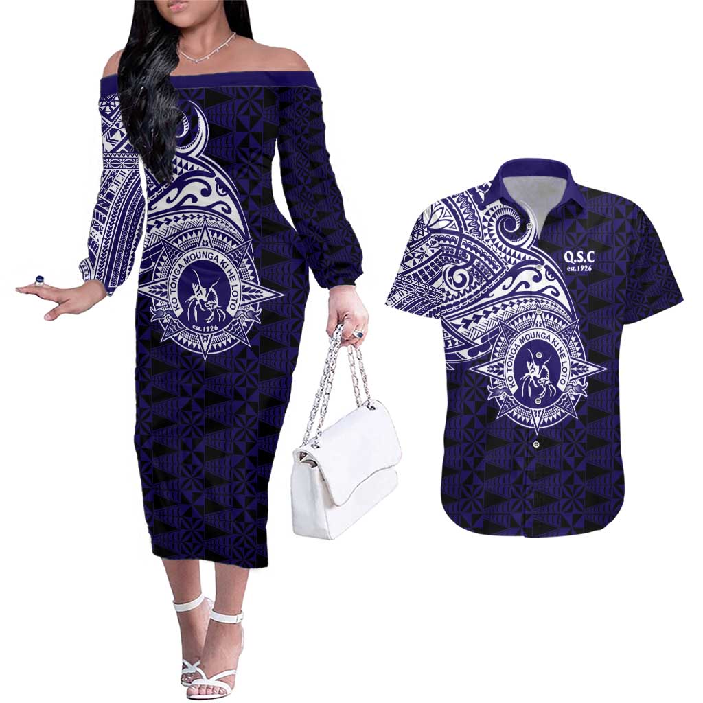 Tonga Queen Salote College 100th Years Couples Matching Off The Shoulder Long Sleeve Dress and Hawaiian Shirt Est 1926 Tongan Ngatu Tapa - Polynesian Pride