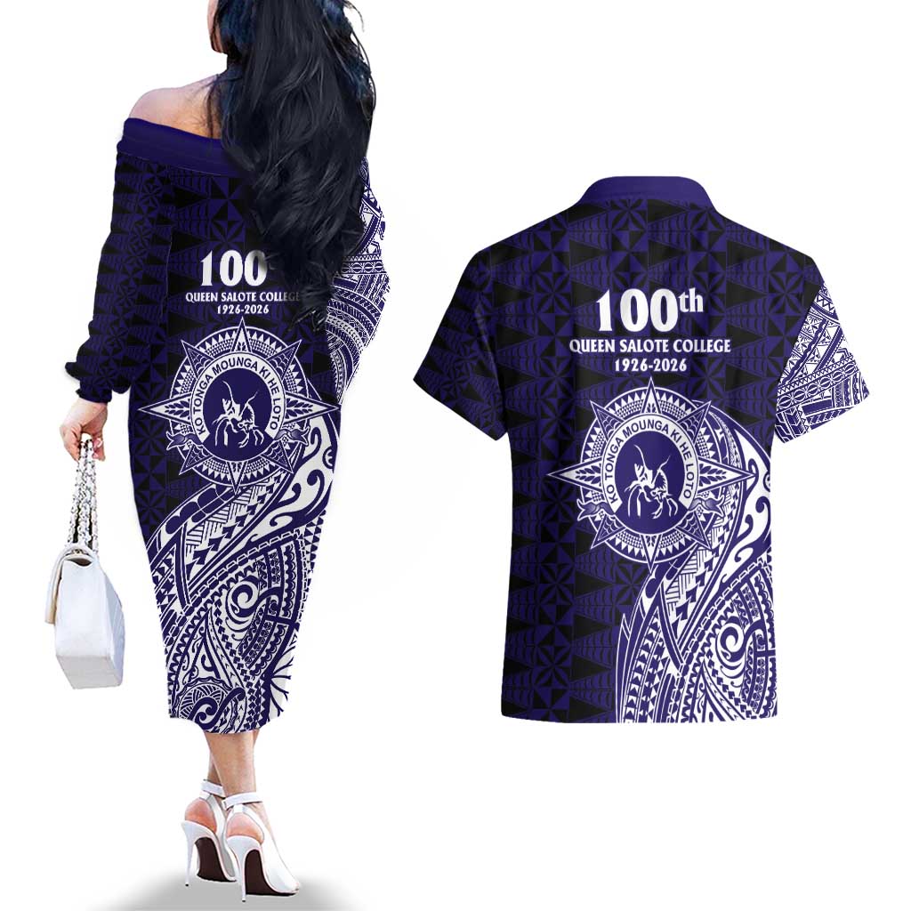 Tonga Queen Salote College 100th Years Couples Matching Off The Shoulder Long Sleeve Dress and Hawaiian Shirt Est 1926 Tongan Ngatu Tapa - Polynesian Pride