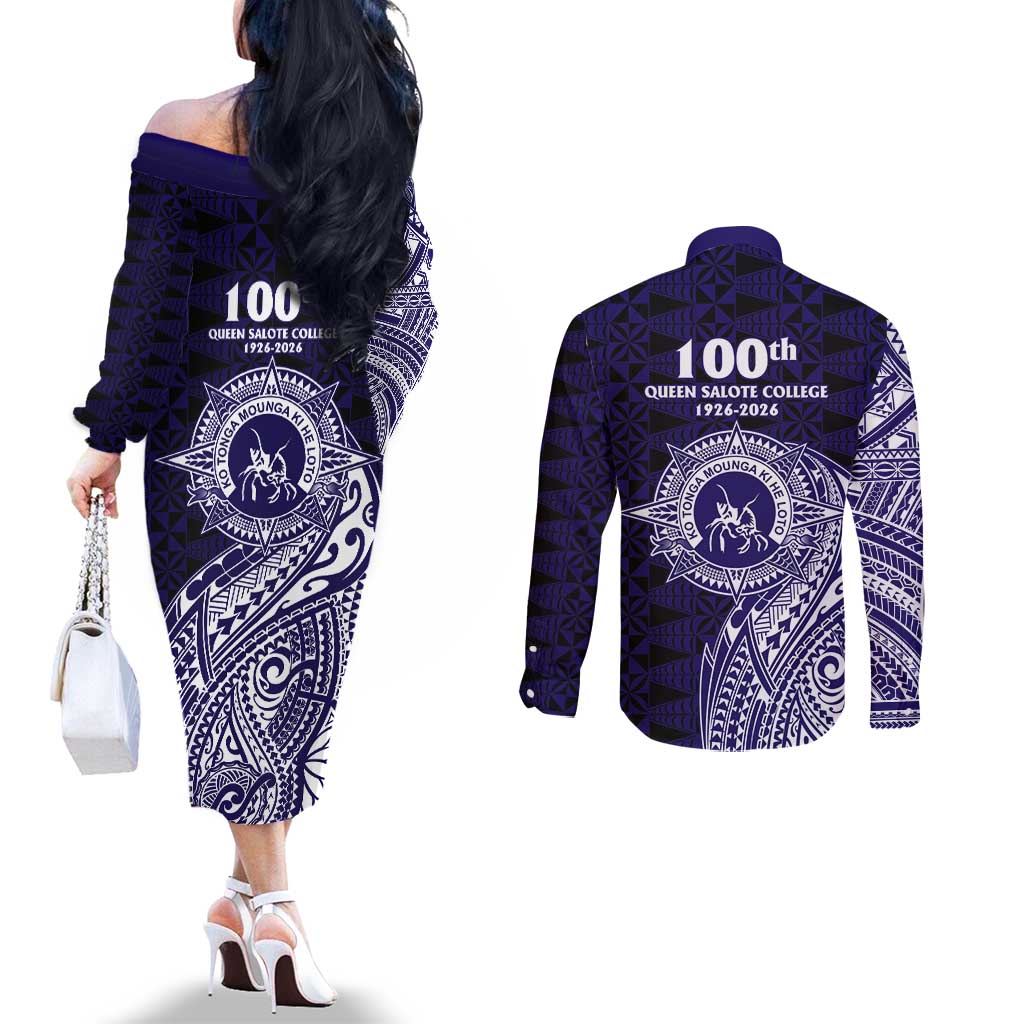 Tonga Queen Salote College 100th Years Couples Matching Off The Shoulder Long Sleeve Dress and Long Sleeve Button Shirt Est 1926 Tongan Ngatu Tapa - Polynesian Pride