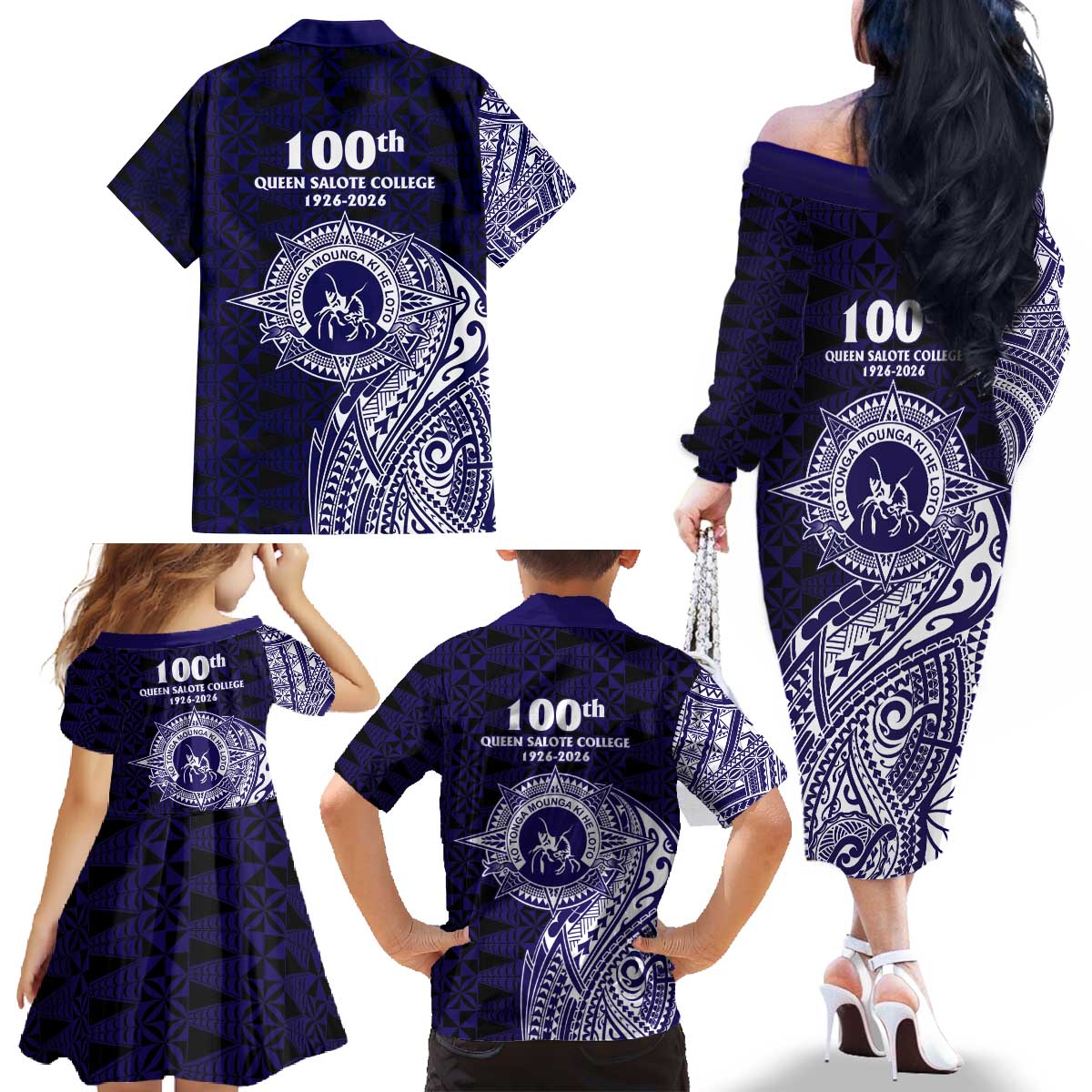 Tonga Queen Salote College 100th Years Family Matching Off The Shoulder Long Sleeve Dress and Hawaiian Shirt Est 1926 Tongan Ngatu Tapa - Polynesian Pride