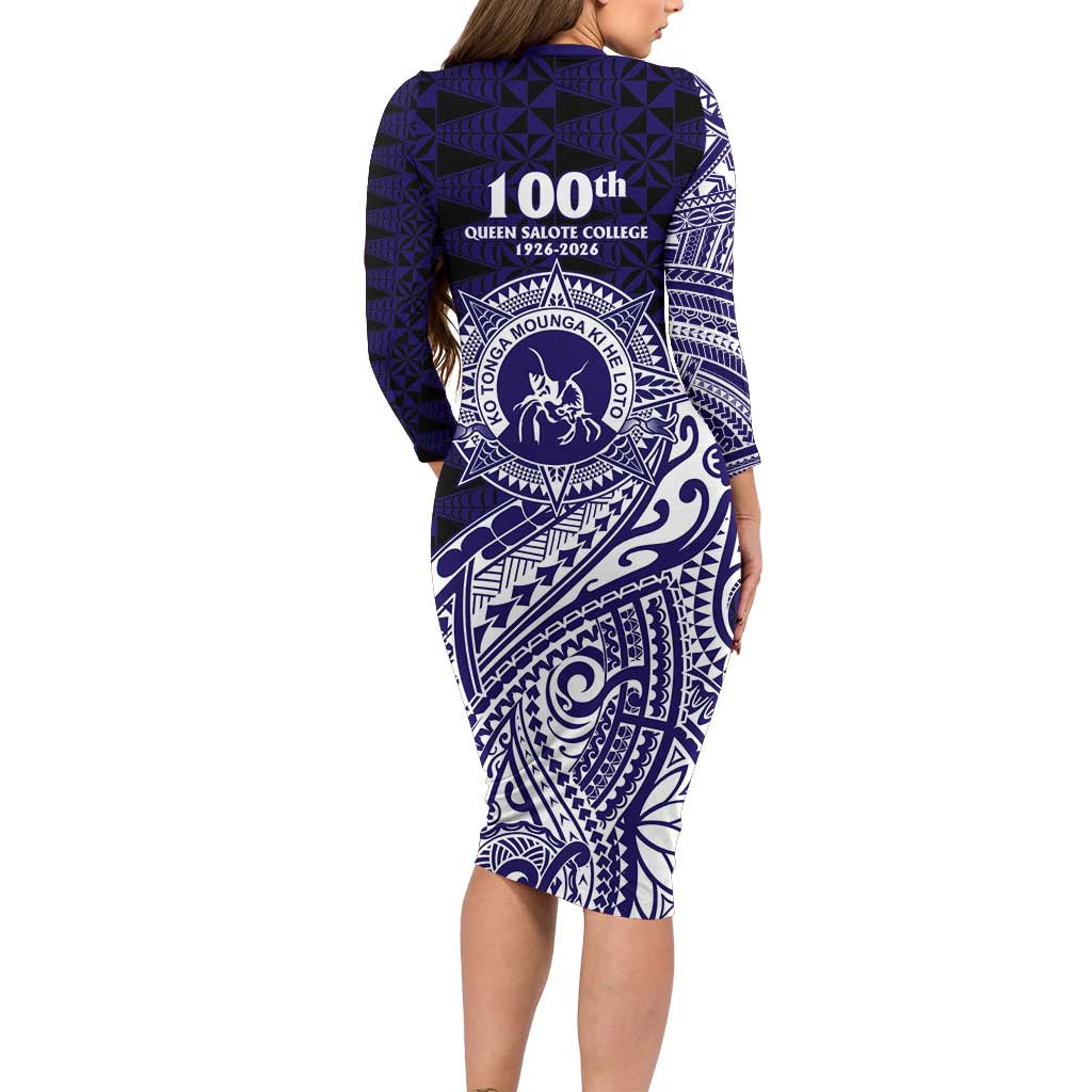 Tonga Queen Salote College 100th Years Long Sleeve Bodycon Dress Est 1926 Tongan Ngatu Tapa - Polynesian Pride