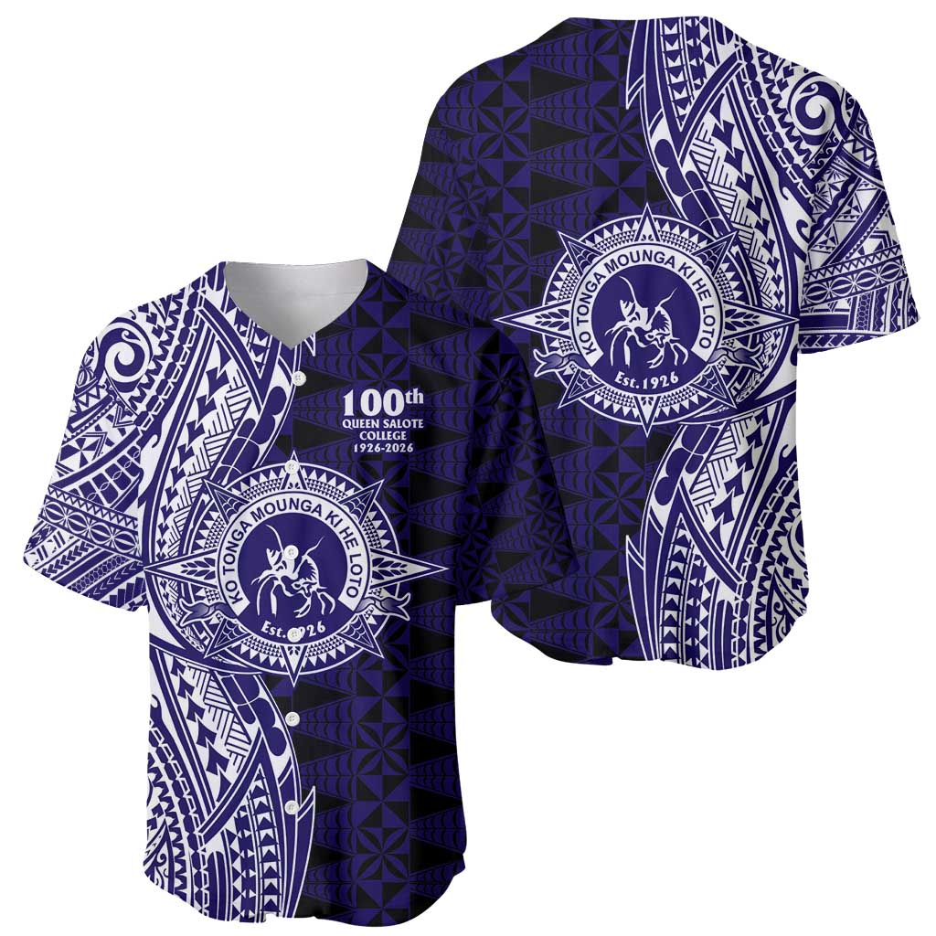 Tonga Queen Salote College 100th Years Baseball Jersey Blue Tonga Kupesi Uniquely Pacific Art - Polynesian Pride
