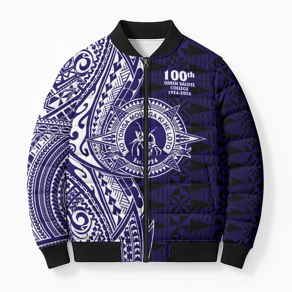 Tonga Queen Salote College 100th Years Bomber Puffer Jacket Blue Tonga Kupesi Uniquely Pacific Art - Polynesian Pride