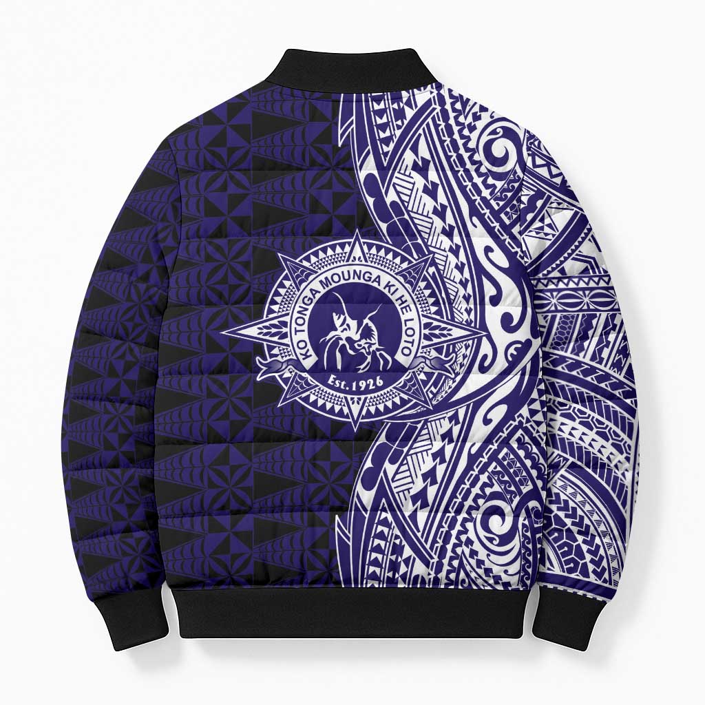Tonga Queen Salote College 100th Years Bomber Puffer Jacket Blue Tonga Kupesi Uniquely Pacific Art - Polynesian Pride
