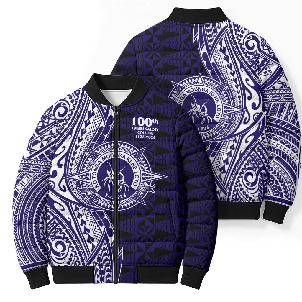 Tonga Queen Salote College 100th Years Bomber Puffer Jacket Blue Tonga Kupesi Uniquely Pacific Art - Polynesian Pride