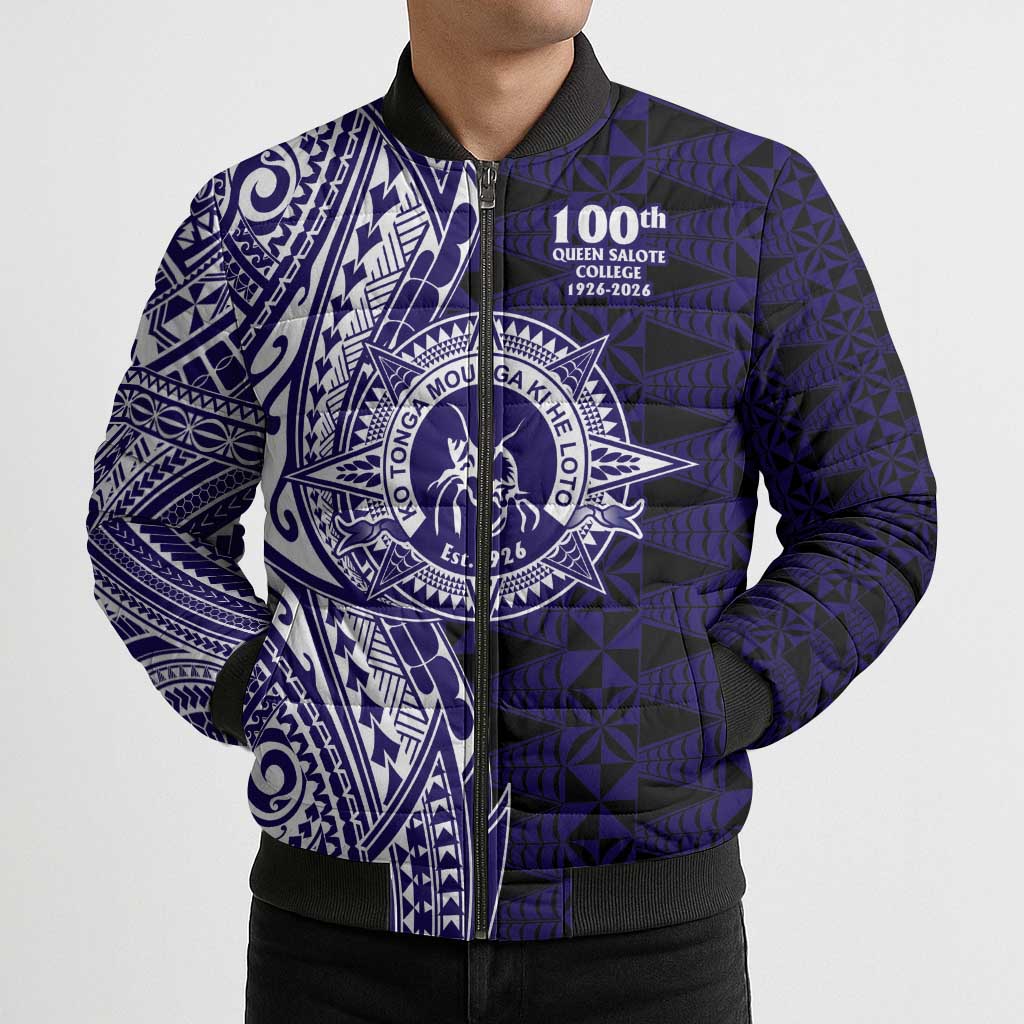 Tonga Queen Salote College 100th Years Bomber Puffer Jacket Blue Tonga Kupesi Uniquely Pacific Art - Polynesian Pride