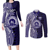 Tonga Queen Salote College 100th Years Couples Matching Long Sleeve Bodycon Dress and Long Sleeve Button Shirt Blue Tonga Kupesi Uniquely Pacific Art - Polynesian Pride