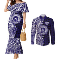 Tonga Queen Salote College 100th Years Couples Matching Mermaid Dress and Long Sleeve Button Shirt Blue Tonga Kupesi Uniquely Pacific Art - Polynesian Pride