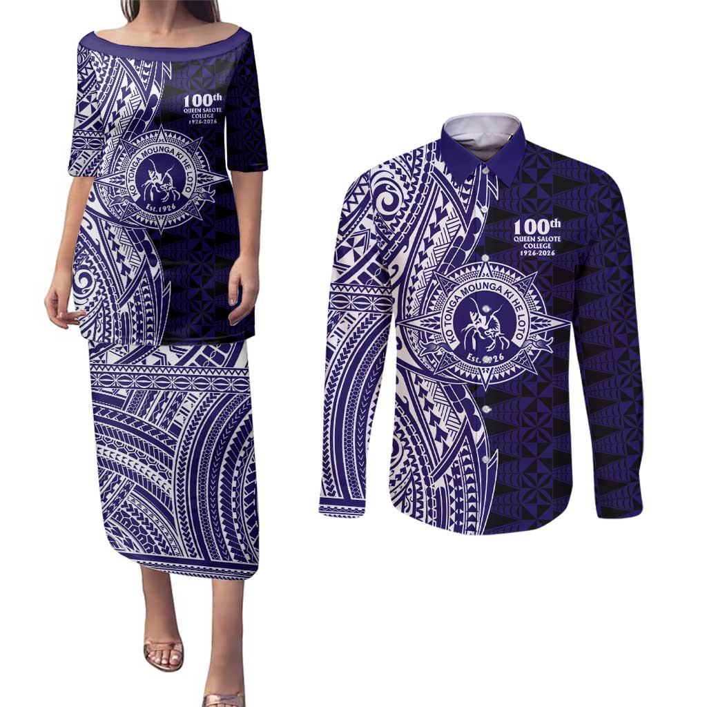 Tonga Queen Salote College 100th Years Couples Matching Puletasi and Long Sleeve Button Shirt Blue Tonga Kupesi Uniquely Pacific Art - Polynesian Pride