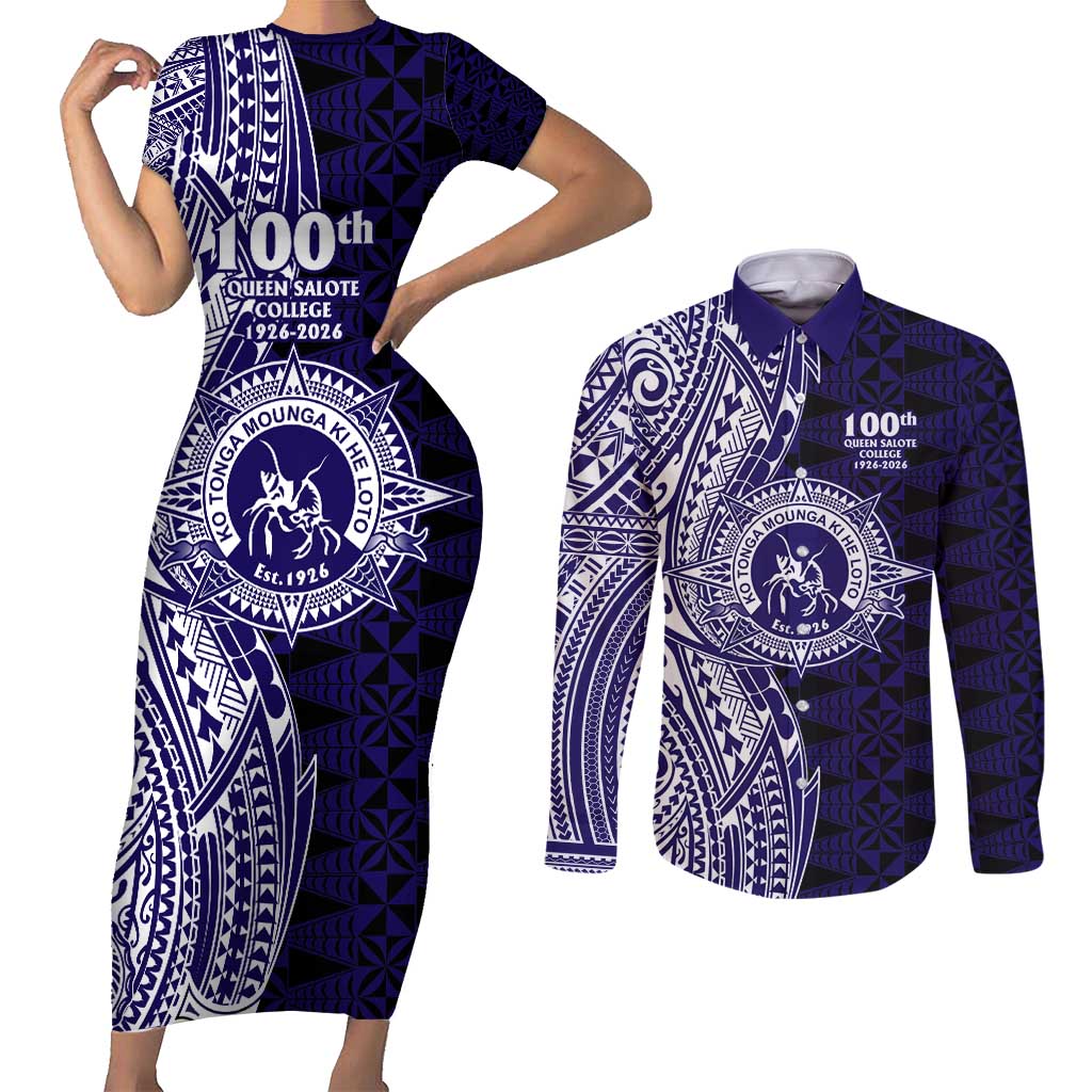 Tonga Queen Salote College 100th Years Couples Matching Short Sleeve Bodycon Dress and Long Sleeve Button Shirt Blue Tonga Kupesi Uniquely Pacific Art - Polynesian Pride