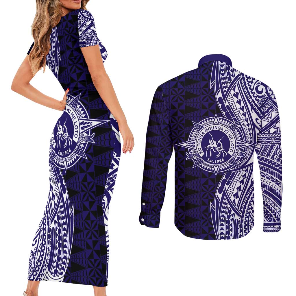 Tonga Queen Salote College 100th Years Couples Matching Short Sleeve Bodycon Dress and Long Sleeve Button Shirt Blue Tonga Kupesi Uniquely Pacific Art - Polynesian Pride
