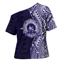 Tonga Queen Salote College 100th Years Cross Shoulder Shirt Blue Tonga Kupesi Uniquely Pacific Art - Polynesian Pride