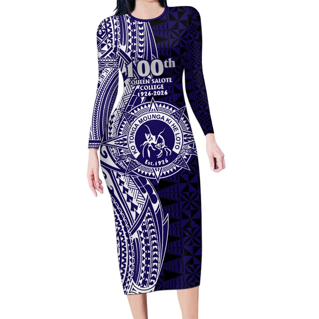 Tonga Queen Salote College 100th Years Family Matching Long Sleeve Bodycon Dress and Hawaiian Shirt Blue Tonga Kupesi Uniquely Pacific Art - Polynesian Pride