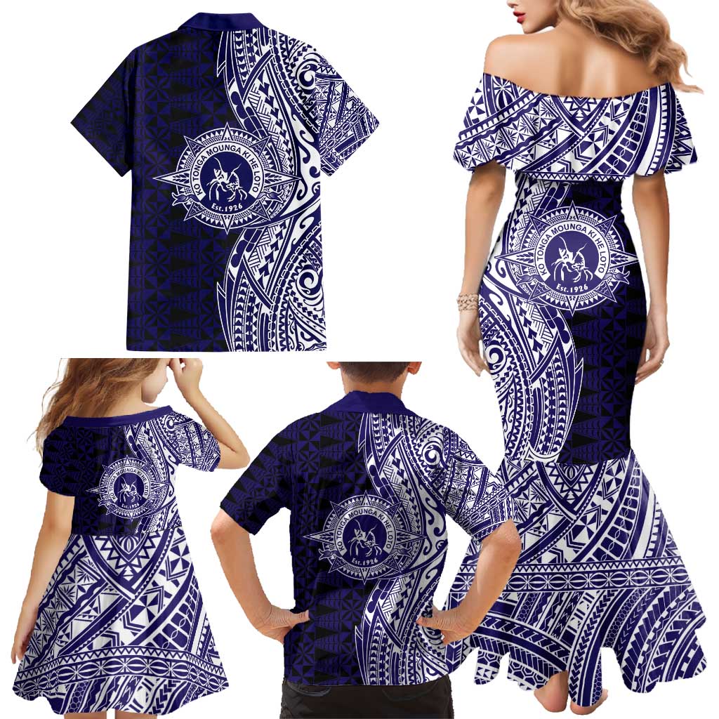 Tonga Queen Salote College 100th Years Family Matching Mermaid Dress and Hawaiian Shirt Blue Tonga Kupesi Uniquely Pacific Art - Polynesian Pride