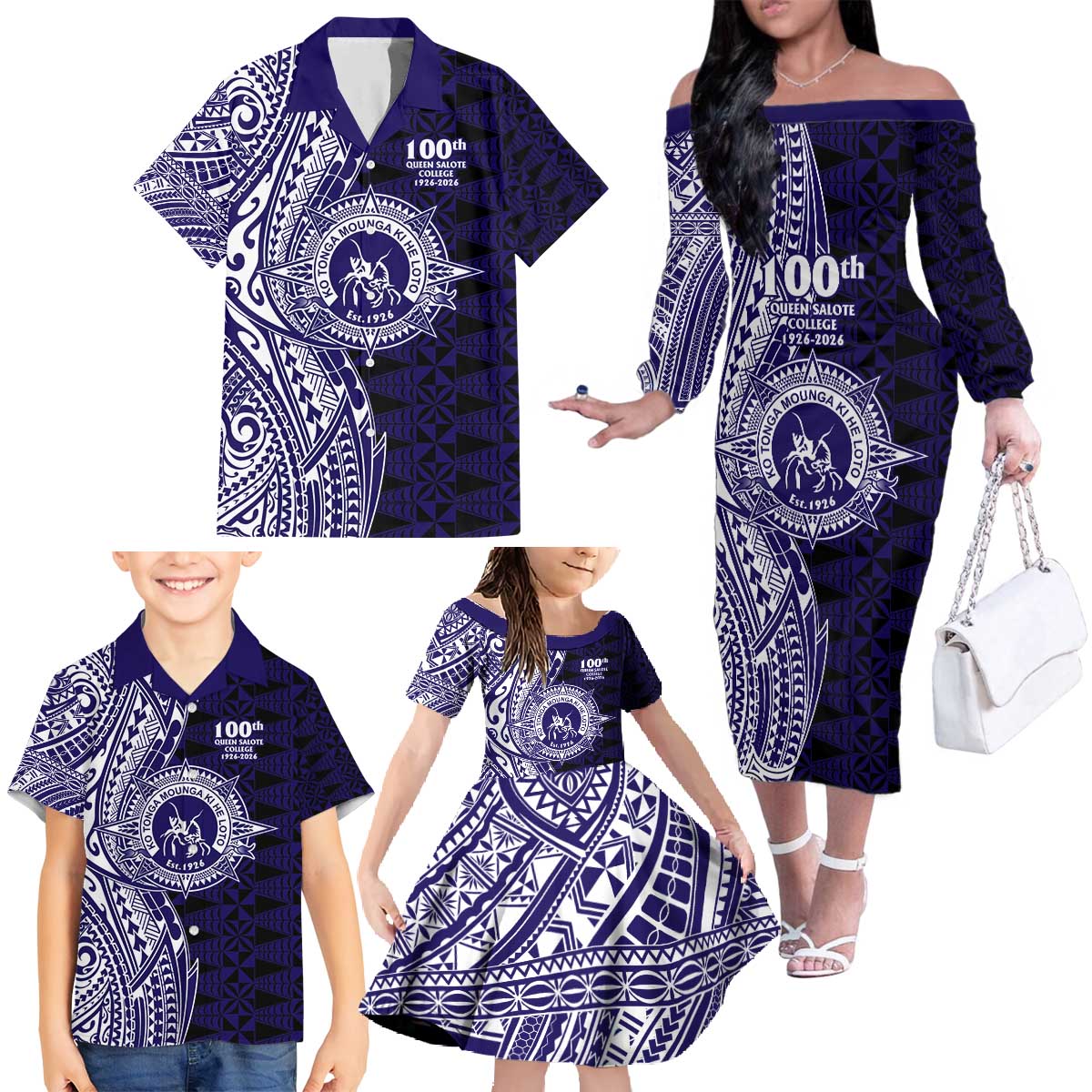 Tonga Queen Salote College 100th Years Family Matching Off The Shoulder Long Sleeve Dress and Hawaiian Shirt Blue Tonga Kupesi Uniquely Pacific Art - Polynesian Pride