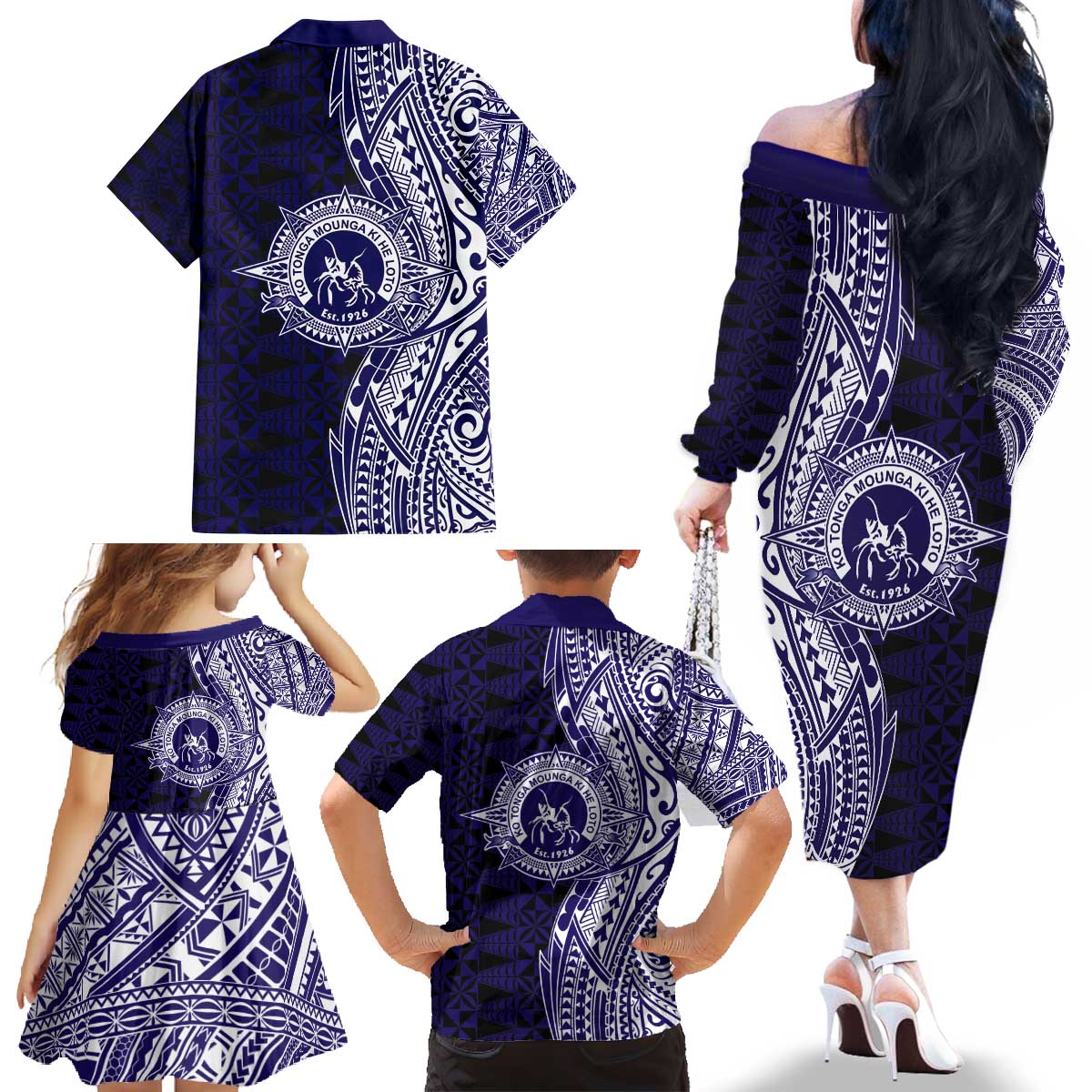 Tonga Queen Salote College 100th Years Family Matching Off The Shoulder Long Sleeve Dress and Hawaiian Shirt Blue Tonga Kupesi Uniquely Pacific Art - Polynesian Pride