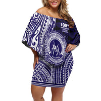 Tonga Queen Salote College 100th Years Family Matching Off Shoulder Short Dress and Hawaiian Shirt Blue Tonga Kupesi Uniquely Pacific Art - Polynesian Pride
