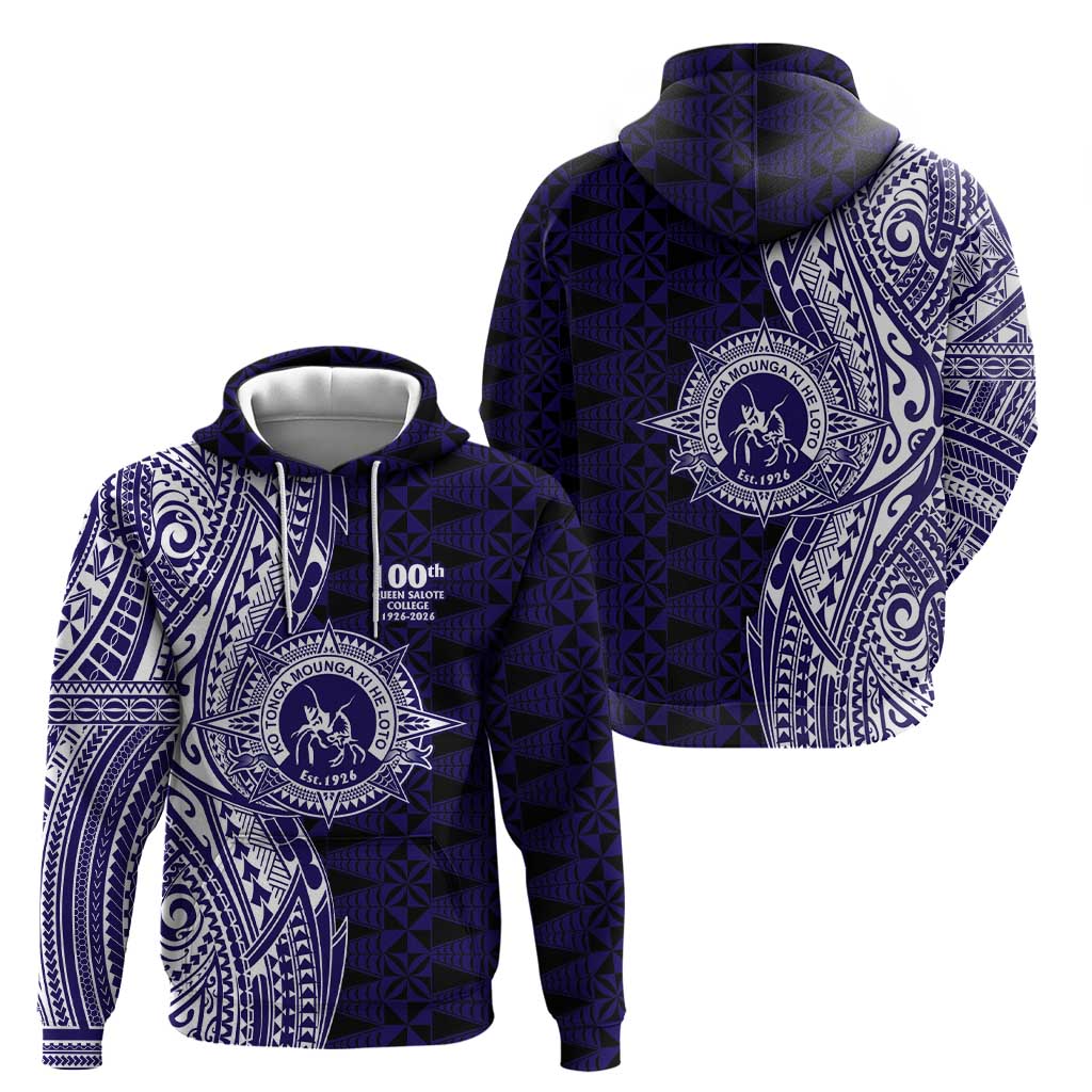Tonga Queen Salote College 100th Years Hoodie Blue Tonga Kupesi Uniquely Pacific Art - Polynesian Pride