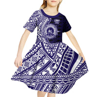 Tonga Queen Salote College 100th Years Kid Short Sleeve Dress Blue Tonga Kupesi Uniquely Pacific Art - Polynesian Pride