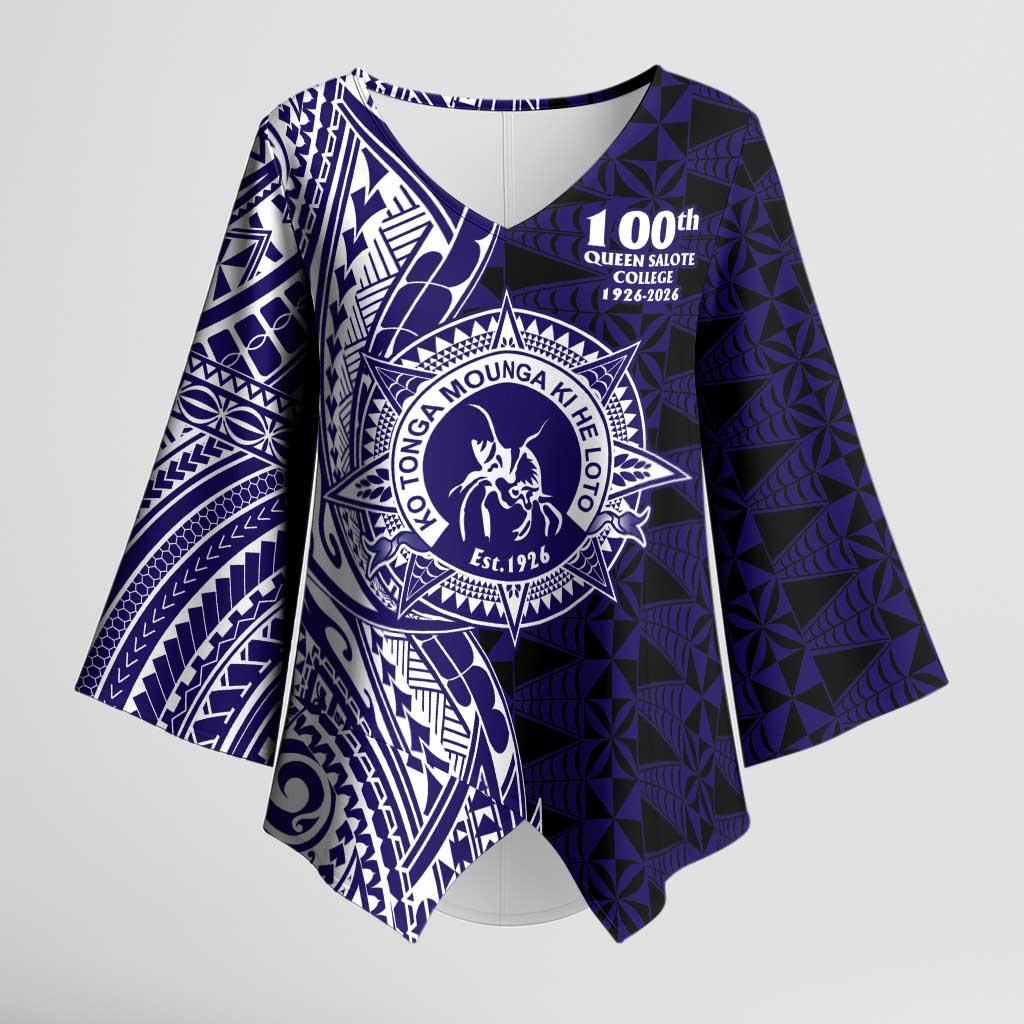 Tonga Queen Salote College 100th Years Kimono Sleeve Blouse Blue Tonga Kupesi Uniquely Pacific Art - Polynesian Pride