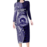 Tonga Queen Salote College 100th Years Long Sleeve Bodycon Dress Blue Tonga Kupesi Uniquely Pacific Art - Polynesian Pride