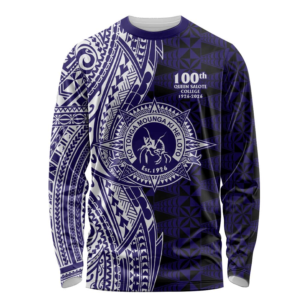 Tonga Queen Salote College 100th Years Long Sleeve Shirt Blue Tonga Kupesi Uniquely Pacific Art - Polynesian Pride