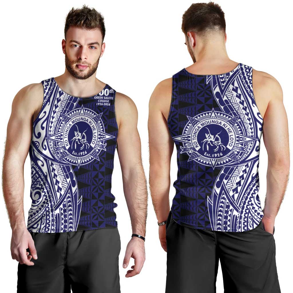 Tonga Queen Salote College 100th Years Men Tank Top Blue Tonga Kupesi Uniquely Pacific Art - Polynesian Pride