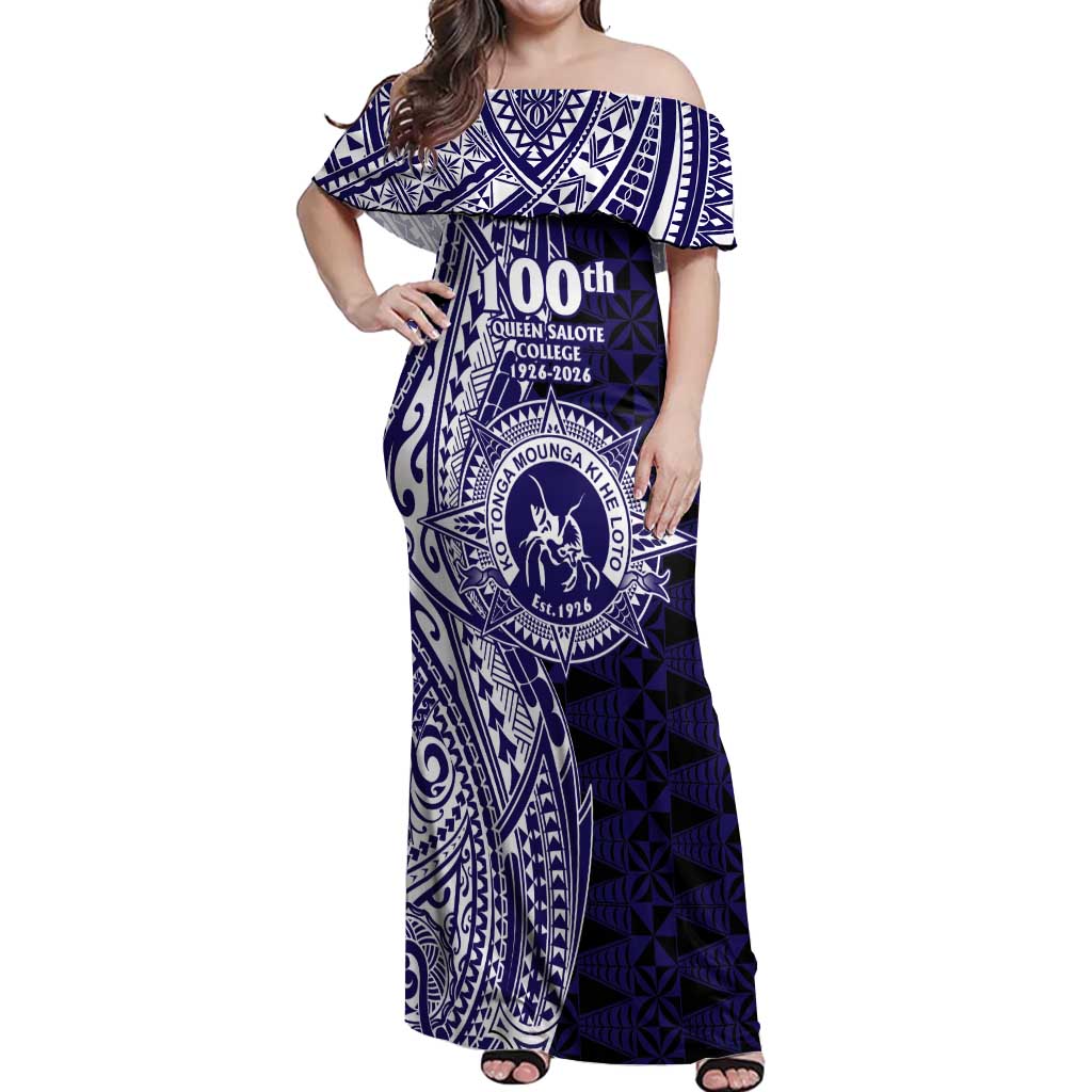 Tonga Queen Salote College 100th Years Off Shoulder Maxi Dress Blue Tonga Kupesi Uniquely Pacific Art - Polynesian Pride